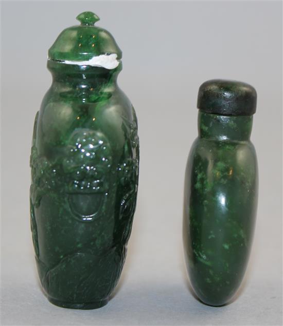 Two Chinese spinach green jade snuff bottles, 1800-1940, Richards no.s 238 and 408